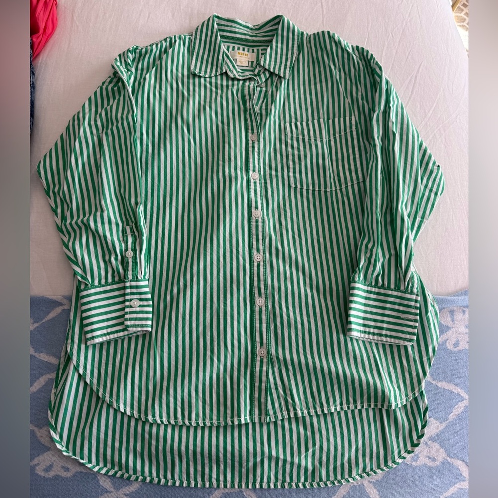 Maeve Green and White Striped Button Down